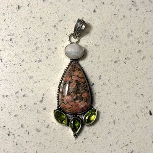 Sterling Silver Leopard Skin Jasper Pendant w/ Rainbow Moonstone + some Peridot